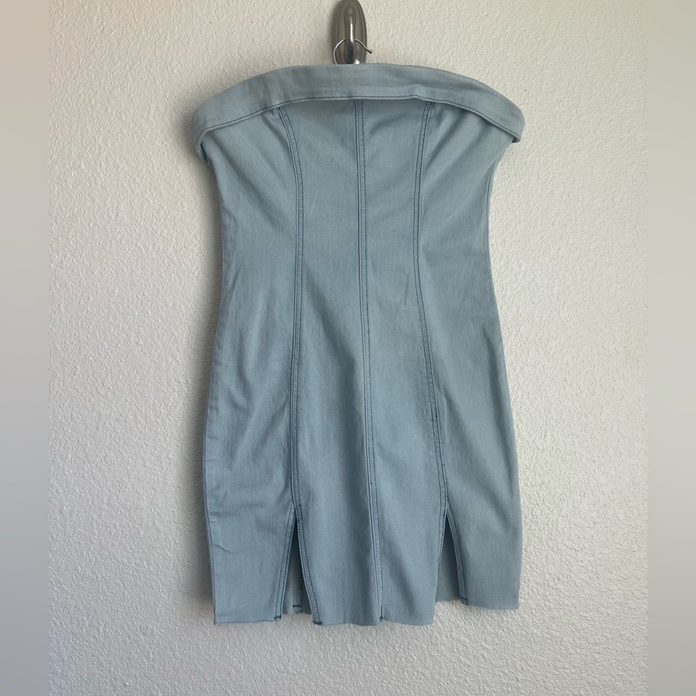 Strapless Light Blue Seam-Detail Bodycon Dress